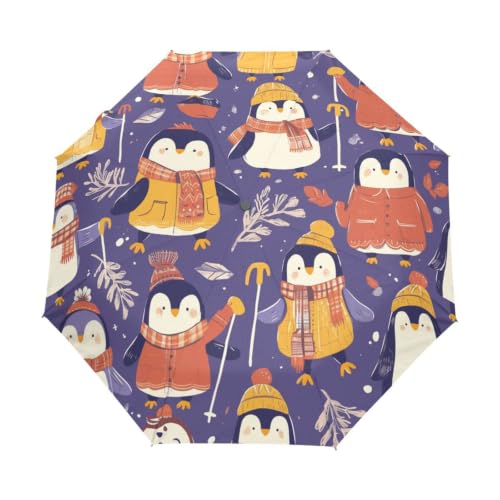 Parapluie pliable automatique violet avec pingouins et protection UV pour fille