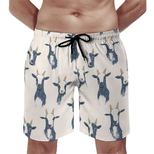 Cute Sketch Goat Print Mens Swim Trunks, Quick Dry Swim Shorts with Mesh Lining Swimwear Bathing Suits