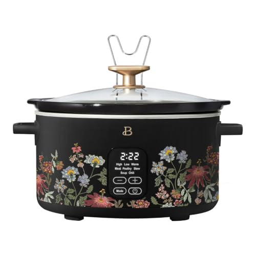 Beautiful 6 Qt Programmable Slow Cooker by Drew Barrymore - 5 Preset Cooking Functions, Digital Countdown Timer, Dishwasher-Safe Parts and Cool-Touch Handles -Wildflower Black Sesame