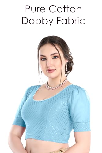 Image of FINESTFIT Stay On Trend Fashion 100% Cotton Readymade Blouses for Women,Round Neckline with Organza Balloon Sleeves.