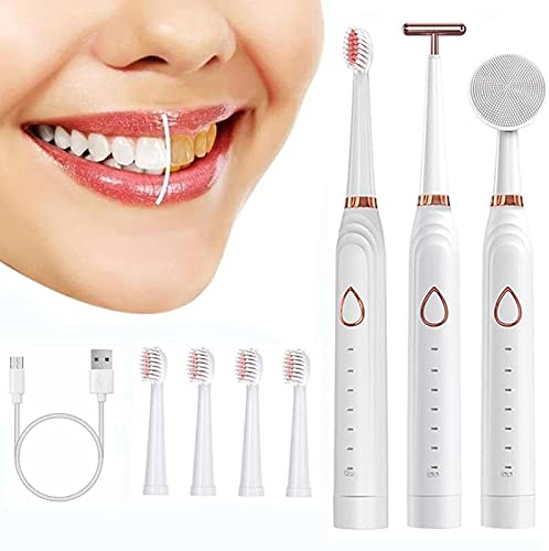 Whitening Sonic Electric Toothbrush,USB Rechargeable Powerful Cleaning Toothbrush with 6 Modes,5 Brush Heads+1 Facial Cleansing Brush Head+1 Face Massage Head Toothbrushes (White)