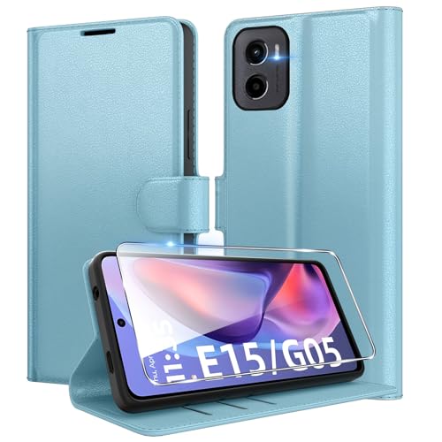 Eirltiy Coque pour Motorola Moto E15 / G05 en Premium Cuir PU, Portefeuille Housse Etui pour Cartes Protection Anti-Choc Flip Case avec 1 Verre Trempé Bleu