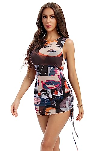 Image of ABMOIU Sexy Mini Print Mesh Dress for Women, See Through Sleeveless Stretchy Bodycon Short Summer Dresses