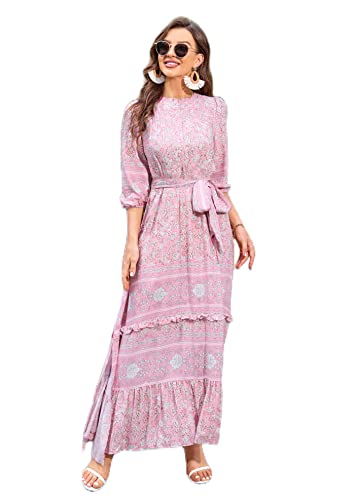 Image of Women Boho High-Waist Floral Print Maxi Dress 3 /4 Sleeve Casual | Soft Rayon, Breathable, Quick-Dry. High-Waist with Adjustable Belt, Flattering Hem. Ideal for Beach, Work & Dating.