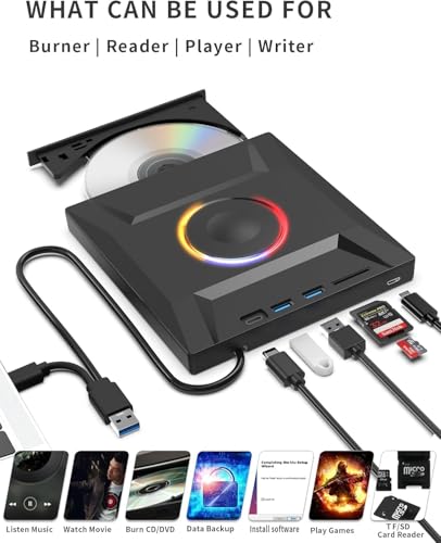 Image of External CD DVD Drive,7 in 1 USB 3.0 and Type-C CD Burner Player Writer with 2 USB Ports and 1 TF /SD Card Slots,Portable Slim Optical Disk Driver for Laptop Mac PC Windows Linux OS