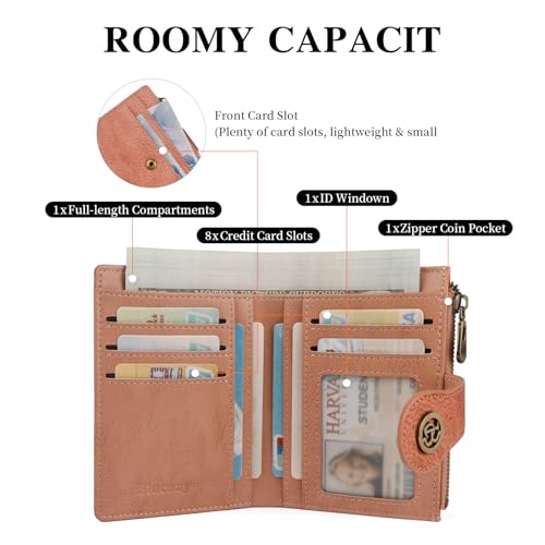 Image of Leather Wallet Women,RFID Blocking Wallets for Women Bifold Compact Small Card Holder With Zipper Coin Pocket ID Window(Pink)