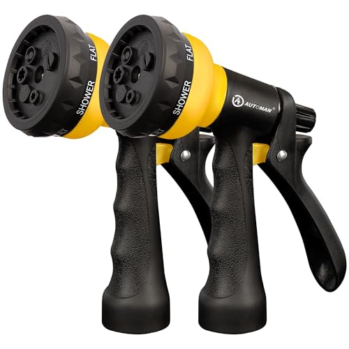 Image of AUTOMAN-Garden-Hose-Nozzle, 2 Pack ABS Water Spray Nozzle with Heavy Duty 7 Adjustable Watering Patterns,Slip Resistant for Watering Plants,Lawn& Garden,Washing Cars,Cleaning,Showering Pets - Yellow