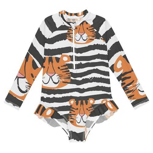 Girls One Piece Swimsuits Long Sleeve Swimsuit Zipper Bathing Suits Tiger Zebra Black White Stripes