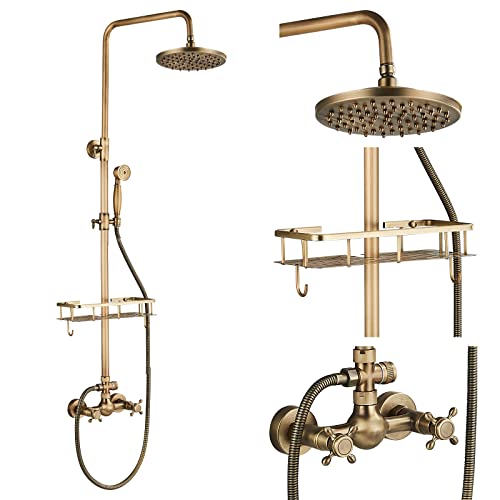 Rozin Messing Antik Duscharmatur mit Handbrause Duscharmatur 8 Zoll Duschkopf Regenduschkopf Regenbrause mit Lagerregal