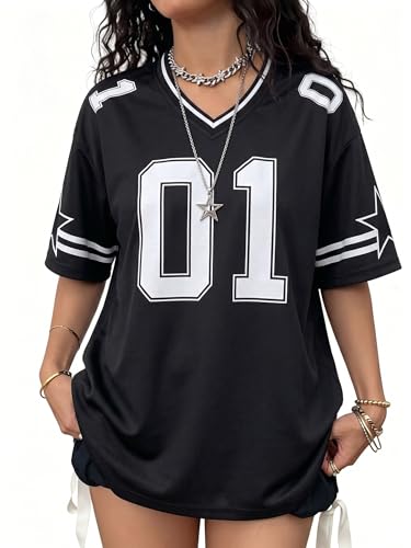 Image of Jersey Shirts for Women Y2k Graphic Tees V Neck Baggy Streetwear Number Oversized T Shirt Summer Tops