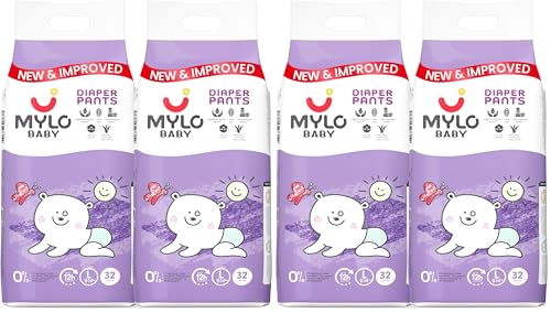 Image of Mylo Baby Diaper Pants Large (L) Size 9-14 kgs (64 count) Leak Proof | Lightweight | Rash Free | Upto 12 Hours Protection | ADL Technology | with Aloe Vera Lotion (32 Count, Pack of 4)