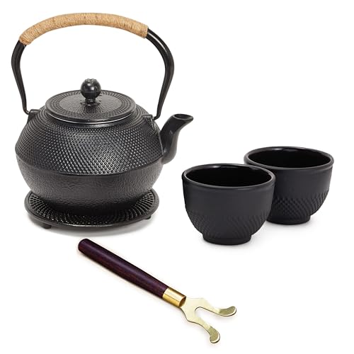 Juvale Cast Iron Teapot - 1200 mL, Black, 2 Cups - Japanese Tea Set with Stainless Steel Infuser & Stovetop Kettle for Loose Leaf Tea