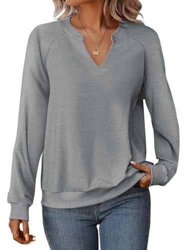 GKBK Womens Sweatshirts Long Sleeve V Neck Tops Fall Winter Basic Casual Lightweight Pullover Shirt Gray