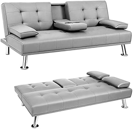 Miniatura 1 de JUMMICO Sofá futón plegable tapizado de piel sintética con reposabrazos extraíbles, sofá reclinable ajustable con 2 portavasos para sala de estar