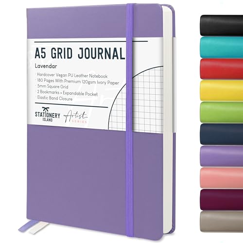 Stationery Island Cuaderno Cuadriculado A5, Tapa Dura de Papel Cuadriculado de Libreta con Papel Grueso Premium de 120 g/m², Cuaderno de Cuadrícula de 180 Páginas Para Estudiar, Planificar, Morado