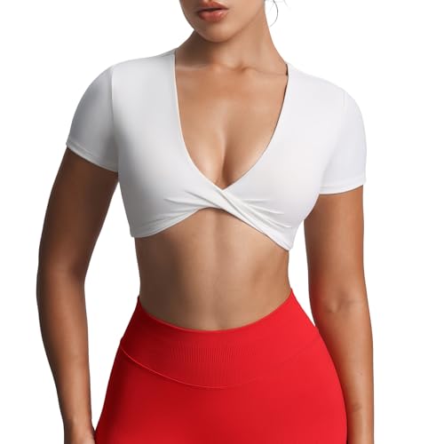 Image of Aoxjox Short Sleeve Crop Tops for Women Sienna Twist Deep V Workout Cropped T Shirt Top