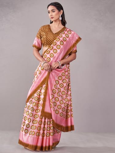 Image of Satrani Women's Chinnon Printed Saree with Unstitched Blouse Piece