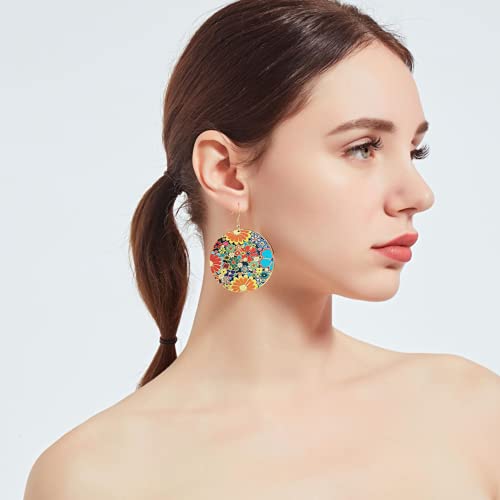Gold Round Flower Disc Drop Dangle Earrings for Women Girls with Charms Boho Circle Ball Disk Blossom Spring Big Statement Dangling Hook Stud Earring Exaggerated Y2K Jewelry Gifts Christmas Festival Party2