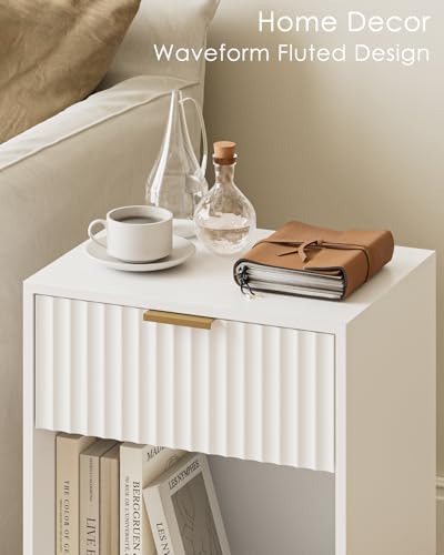 Image of Masupu White Nightstand, Fluted Night Stand, Wood Bedside Table with Storage Drawer, Modern Side End Table for Bedroom, White
