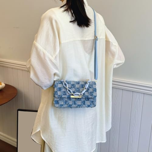 Checkered Jeans Flap Shoulder Bag Handbag with Chain Handle Adjustable Strap Denims Tassels Crossbody Purse for Women2