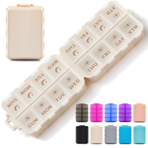 Foldable & Portable Pill Organizer 2 Times A Day with Extra Compartments - Etched Labels - Weekly 7 Day AM PM Medicine Box Week Daily Travel Pill Case Holder Dispenser for Vitamin Supplement - Khaki