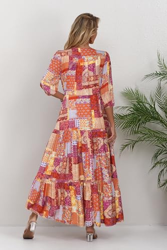 Image of Women Short Sleeve V Neck Floral Print Casual Bohemian Maxi Dresses