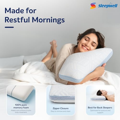 Image of Sleepwell ImpressFit Adaptive Memory Foam Pillow | White & Blue | 100% Pure Memory Foam | Optimal Head & Neck Support | Medium Soft Pillow | Multi-Position Sleepers | 24 x16 inches| Pack of 1