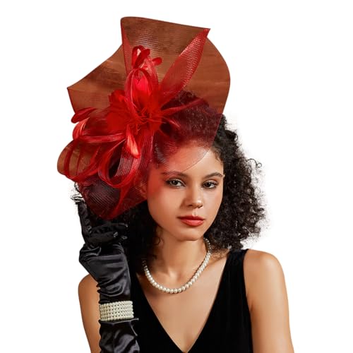 LATIMOON Fascinator Hat for Women Girls Tea Party Elegant Hat Feather Headband for Wedding (Red)