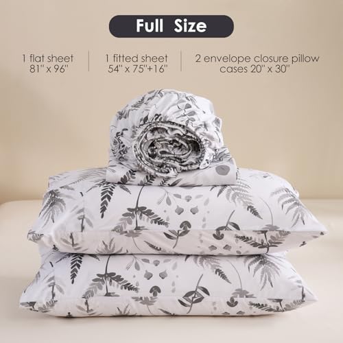 Image of JSD Grey Boho Floral Printed Full Sheet Set 16 inch Deep Pocket | 4 Piece Soft Microfiber Sheets, Watercolor Leaves Ferns Pattern, OEKO-TEX Certified, Easy Care