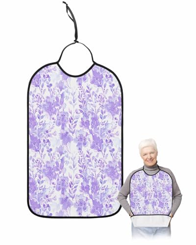 LEOKOTI Purple Flowers Adult Bibs for Eating, Waterproof Bibs with Food Catcher & Adjustable Snap Closure, Watercolor Summer Botanical Floral Washable Clothing Protectors Adult Bibs for Elderly