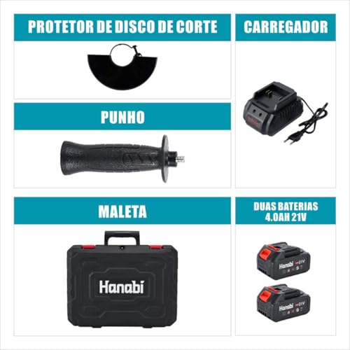 Lixadeira Esmerilhadeira Angular Portátil Brushless Hanabi Sem Fio 21v 2 Baterias 125 mm Bivolt