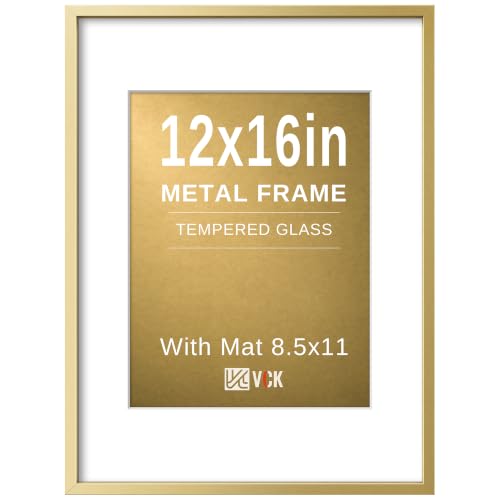 Image of VCK 12x16 Frame Gold Metal, Real Glass, 8.5x11 Mat, for Picture