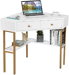 COSTWAY Corner Computer Desk, Triangle PC Laptop Table with 2 Drawer and Storage Shelves, Space Saving Metal Frame Wooden Study Desk Writing Workstation for Home Office Bedroom