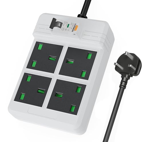 Heavy duty extension lead GFCI Surge Protection, SAFEMORE RCD extension lead 13A With 3m Heavy duty Cable, 4 Gang 3250W, Plug Power Strip for Workshop/Garage/indoor - White