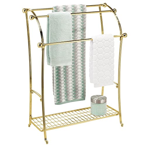 Mdesign Large Standing Metal Bathroom Towel Holder Stand With Shelf - 3-Tier Towel Rack Stand For Hanging Bath, Hand, And Fingertip Towels - Towel Stand For Bathroom - Hyde Collection - Soft Brass #TOP4