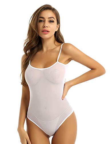 ACSUSS Womens Ultra Thin Lingerie Spaghetti Shoulder Straps High Cut Leotard Bodysuit Nightwear White One Size