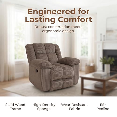 Image of Oversized Corduroy Recliner Chair, Manual Lazy Boy Recliner with Home Theater Seating, Breathable Living Room Reclining Chair for Adults Reading, Gaming, Relax, Brown