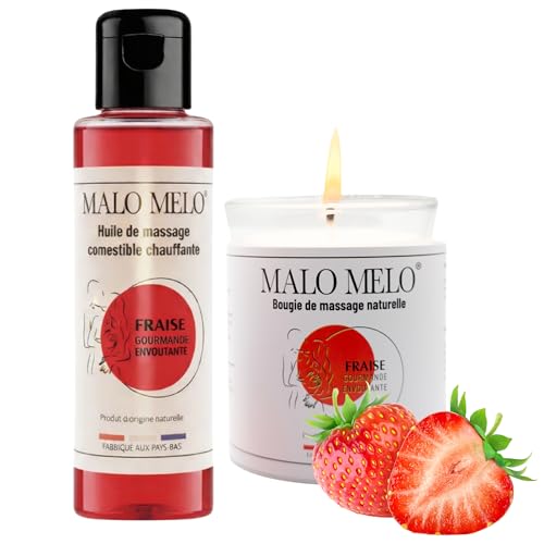 Duo massage sensuel I Huile de massage comestible érotique sexuelle lubrifiante & Bougie de massage sensuelle gourmande I Fraise I MALOMELO
