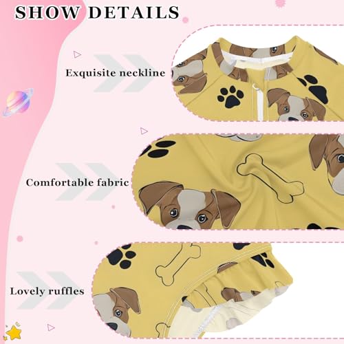 Yellow Dog Bones Footprint Girls Long Sleeve Swimsuit Rash Guard One Piece Bathing Suits Zipper 3-12T4