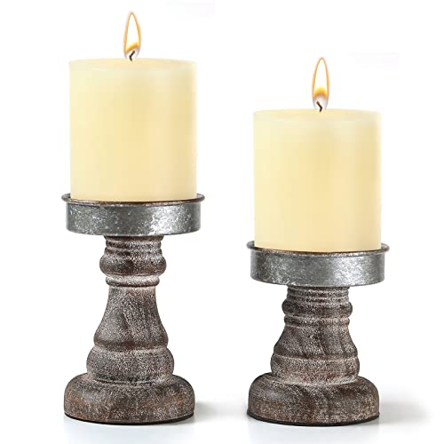 Distressed Wood & Metal Candle Holder, Set Of 2 Modern Farmhouse Candlestick Holder, Farmhouse Table Decor, Rustic Decor For Mantel, Dining Table, Coffee Bar Centerpiece #TOP1