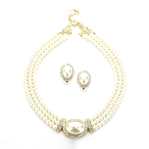 Collar de Perlas de Cristal con pendientes clip juego joyería crema blanco 2