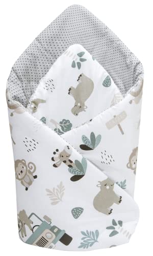 Medi Partners Steckkissen 100% Baumwolle 75x75cm Einschlagdecke Babyhörnchen doppelseitig weich ganzjährig multifunktional antiallergisch Babys (Minze Zoo)