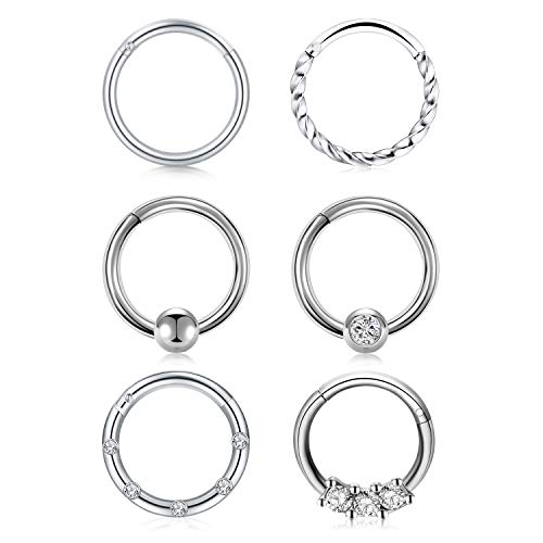 Vcmart 6 Piezas Anillo de Nariz Aro 16G 8 / 10mm Septum Clicker Segmento de Acero Inoxidable Labio Daith Helix Piercing