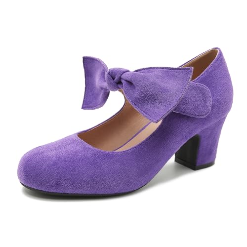 Womens Bow Heels Mary Jane Shoes Removable Bow Closed Toe Chunky Heel Dress Pumps