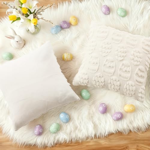 Image of decorUhome Easter Cream White Egg Pillow Covers 20x20 Inch Set of 2, Soft Plush Faux Wool Jacquard Cushion Covers, Farmhouse Neutral Fuzzy Spring Easter Holiday Decor for Couch Sofa Bed