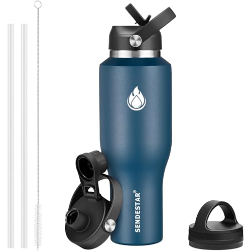 Image of SENDESTAR 40oz Stainless Steel Water Bottle(Cold for 48 Hrs, Hot for 24 Hrs),Double Wall Vacuum Insulated Bottle with Straw Lid, Spout Lid and Flex Cap, Fit in Any Car Cup Holder,Navy