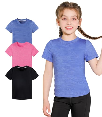 3 Pack Girls Athletic Shirts Short Sleeve Quick Dry Fit Crew Neck Activewear Summer Tees Tops for Kids Teens