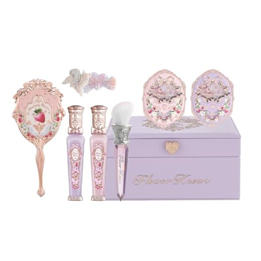 Flower Knows Violet Strawberry Rococo Makeup Box Set,8 Pack Makeup Box with Mirror,Lip GlossĂ—2+BlushĂ—2+Blush BrushĂ—1+Handheld mirrorĂ—1+Hair ClipĂ—1+Gift BoxĂ—1