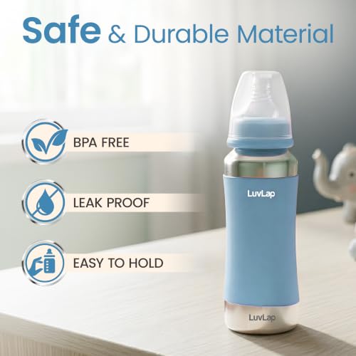 Image of LuvLap Baby Steel Feeding Bottle 240ml, Made of SS304 Rust Free Steel, Baby Milk /Water Bottle with Dust Cover, Heat Protective Silicone Cover, BPA Free, Odour Free, Leak Proof, Sky Blue, 0M+