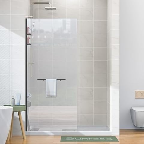 Sunrosa Glass Shower Panel, 3/8" Shower Glass Panel, 34"×72" Clear Tempered Glass Shower Panel, Bathroom Frameless Glass Shower Door with Shelves in Matte Black Cover